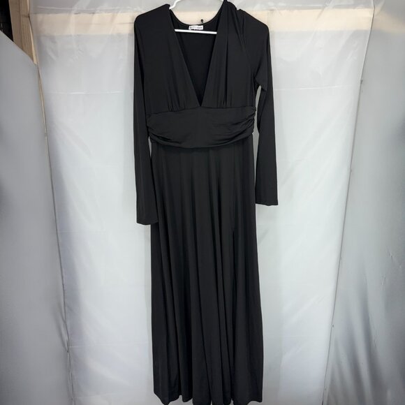 Baltic Born Women 1XL Arianna Maxi Dress V Neck Black Side Slit Flowy Stretch - Picture 2 of 12